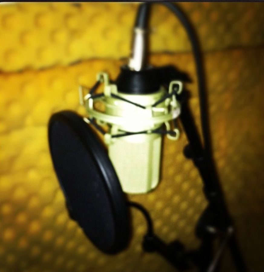 Close-up of the first condenser mic in a shock mount with a pop filter, against foam wall panels